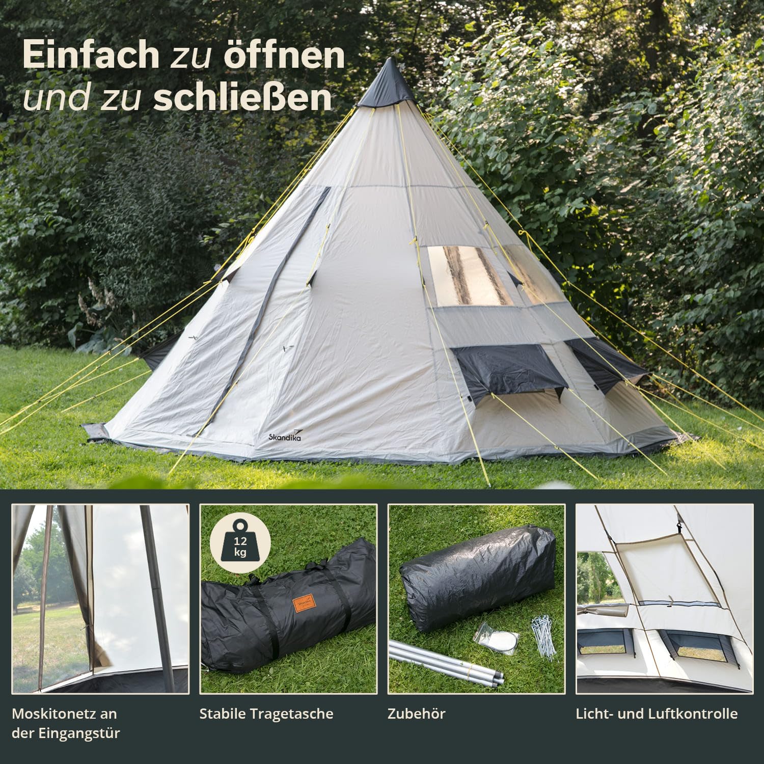 Skandika Tipi 10 Protect Tienda de campaña Tipo Tipi para 10 Personas | Impermeable, Suelo de Tienda Cosido, mosquitera, más de 2,5 m de Altura, 3000 mm de Columna de Agua
