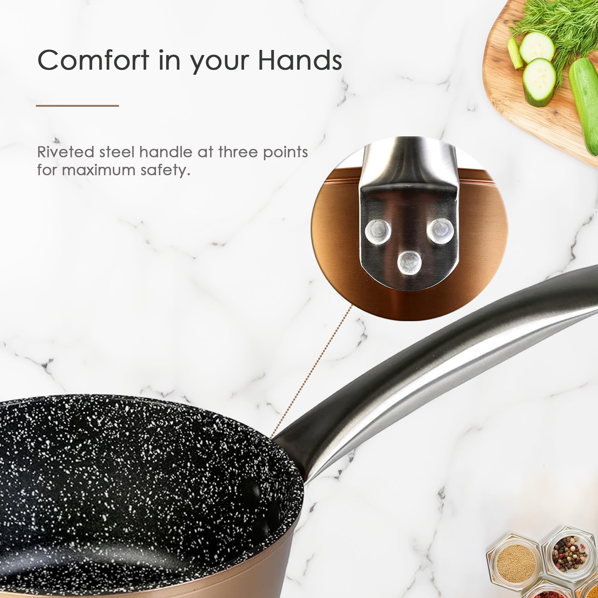 WECOOK! Professional Cazo Inducción 14 cm, Antiadherente Ecológico sin PFOA, Aluminio Forjado, Color Cobre, 2,8 mm Espesor, Asas de Acero Inoxidable, Vitrocerámica, Gas, Horno, Lavavajillas