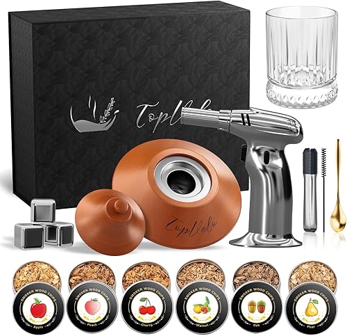Kit de ahumador de cóctel con antorcha y vaso de whisky, chips de madera de 6 sabores y 3 piedras de whisky para whisky y bourbon, regalo para