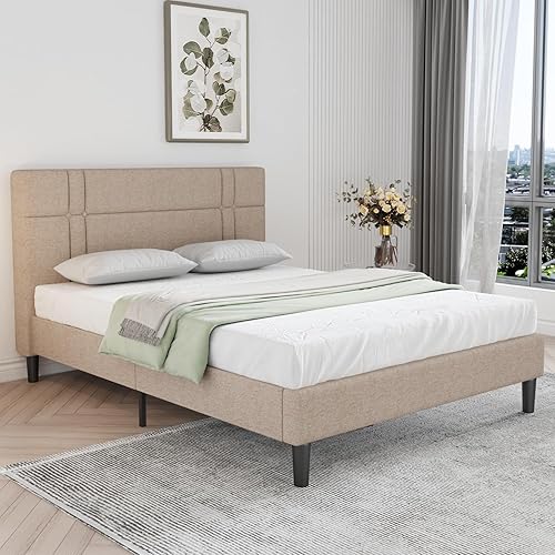 Novilla Base de cama tamaño King con cabecero tapizado y soporte de listones de madera, marco de cama King no necesita somier, fácil montaje, beige