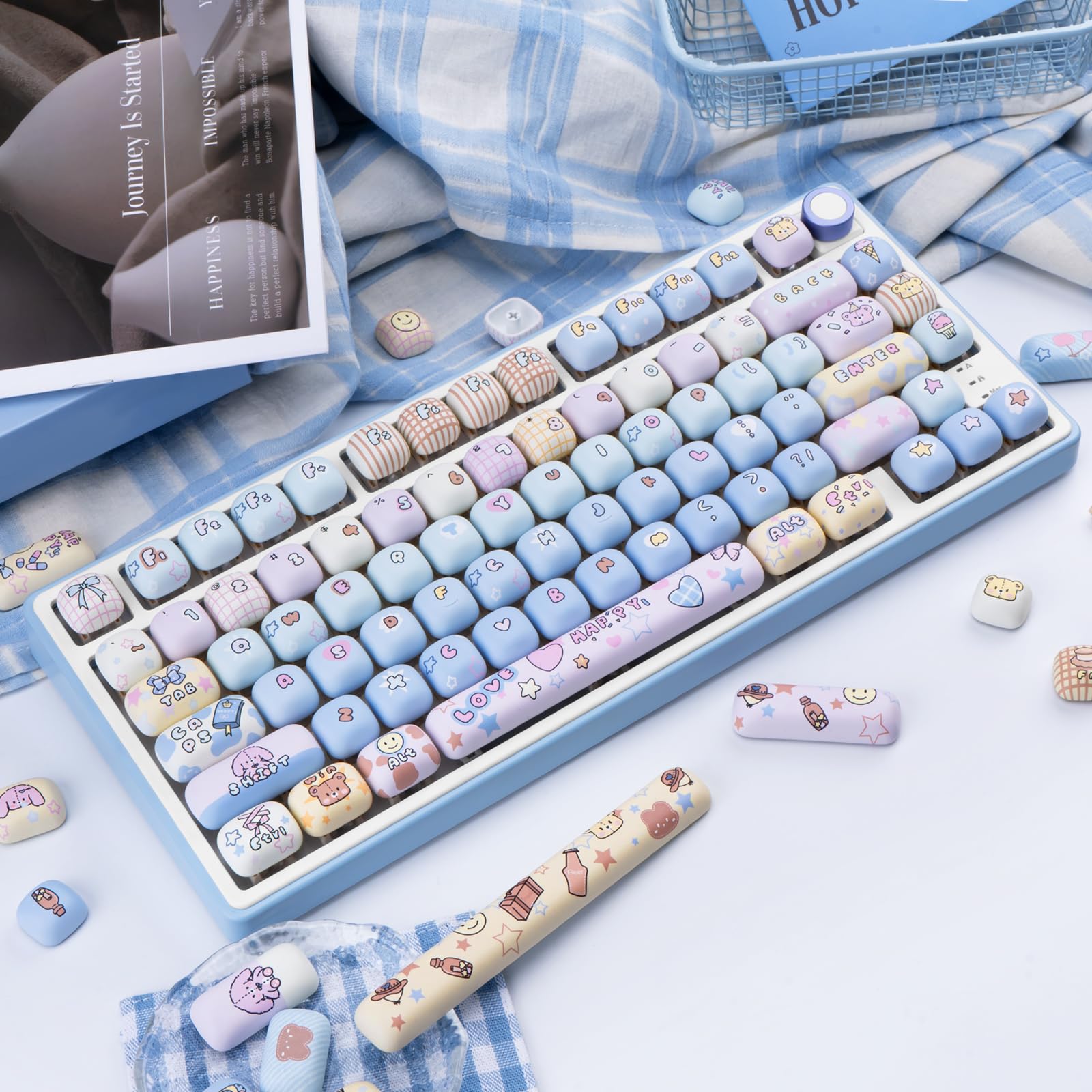 Lot de 136 touches PBT mignonnes par sublimation par sublimation Kawaii, bleu, rose, profil MOG, touches personnalisées pour claviers mécaniques Cherry Gateron MX Swithes