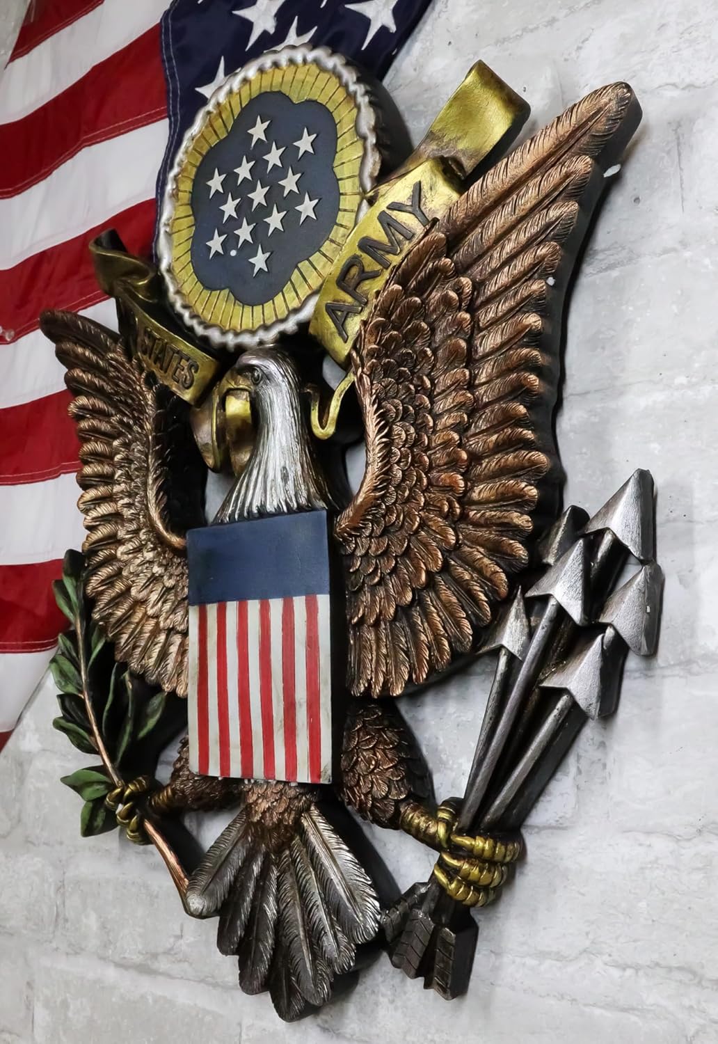 Ebros Gift Patriotic US United States Army Military Branch American Great Seal Bald Eagle with Olive Branch and Arrows Wall Decor Plaque Figurine Honor Valor and Bravery Memorial Accent