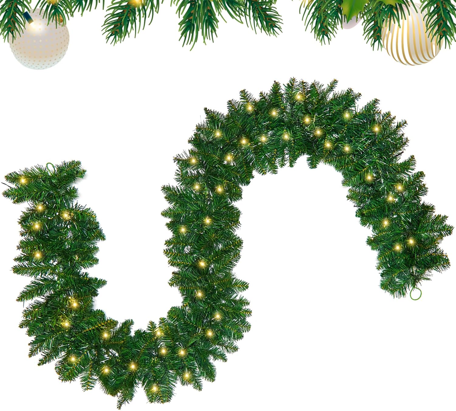 9FT Christmas Garland, Light up Christmas Garland with Lights, Prelit Xmas Garland Decoration for Mantle Fireplace Stairs Railing Indoor Outdoor Door Decor, Green Battery Operated