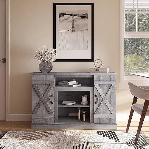 Miniatura 9 de BELLEZE Soporte industrial de madera rústica de 47 pulgadas para TV y centro de entretenimiento multimedia, mesa consola para televisores de hasta