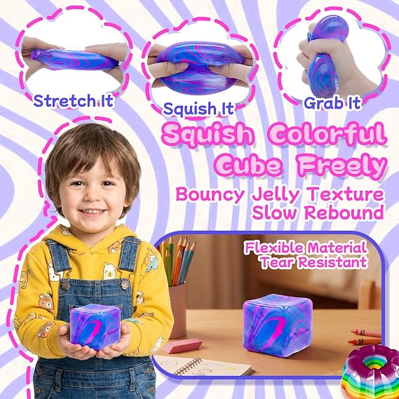 Fidget Toys Squishy Stress Cube, Stress Balls for Kids Adults Squishies Stress Relief, Ice Squishy Cube Sugar Balls, High Density Squeeze Balls for Students Calming