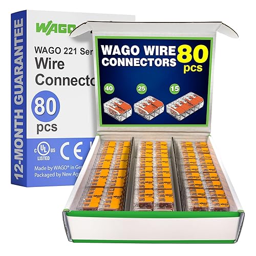 WAGO 221 Series - Paquete surtido de conectores de alambre de empalme compacto de 80 piezas serie 221 surtido con funda incluye 40 x 221-412 25 x