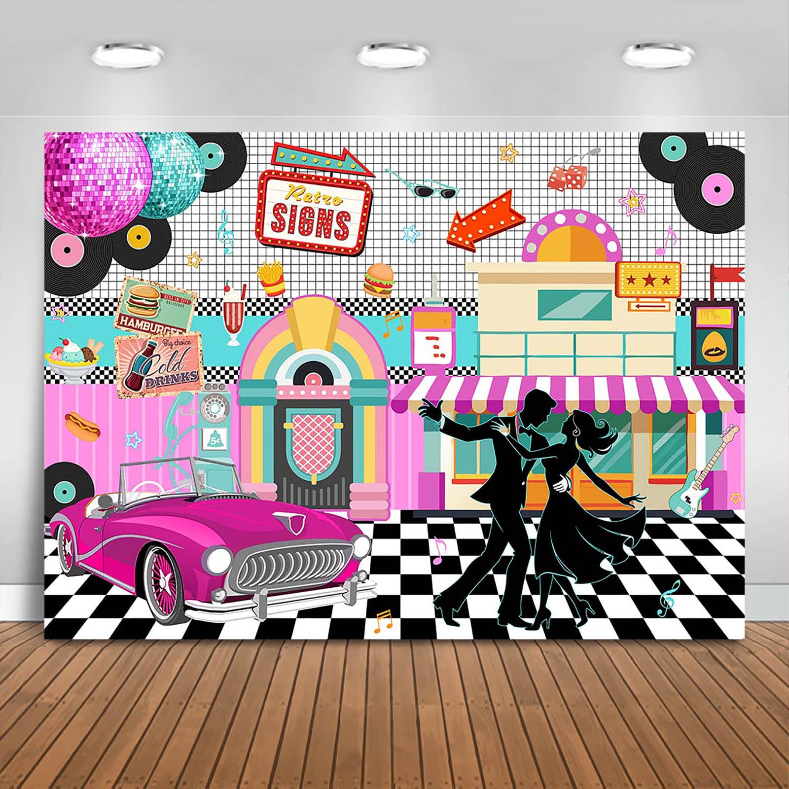 Fitumiw 50s Retro Backdrop 7x5ft Back to 50s Rock and Roll Retro Diner Party Decorations Background Back to 1950s Theme Banner Photo Booth Props