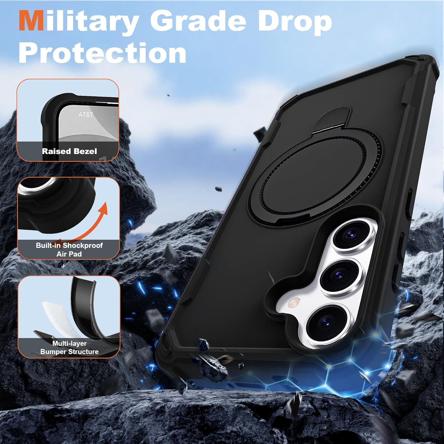 Designed for Samsung Galaxy S24 & S25 Case 6.2'' with Magnetic Ring Stand [Military Drop Protection][Compatible with MagSafe] Shockproof S24 & S25 Phone Case for Men Wowen,Black