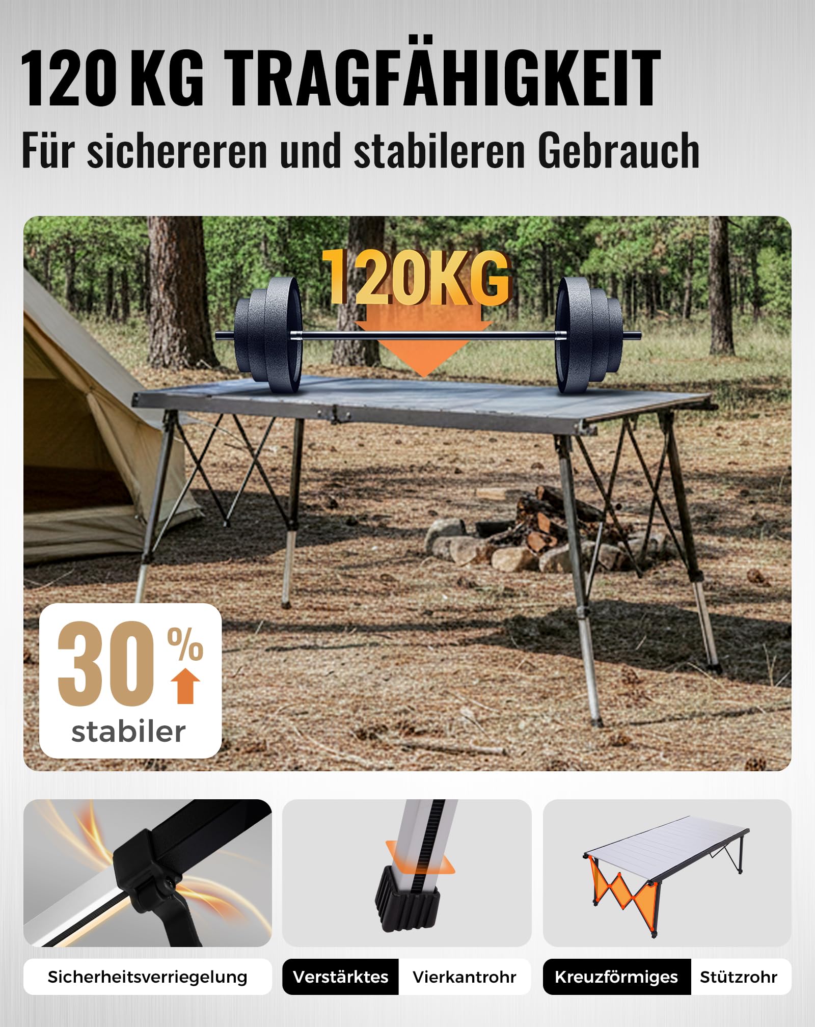 KingCamp Campingtisch Klappbar Extra Groß Höhenverstellbar, 140x70cm 48-70cm Mit Aufbewahrungstaschen, Leicht & Stabil Für Garten, Balkon & Outdoor