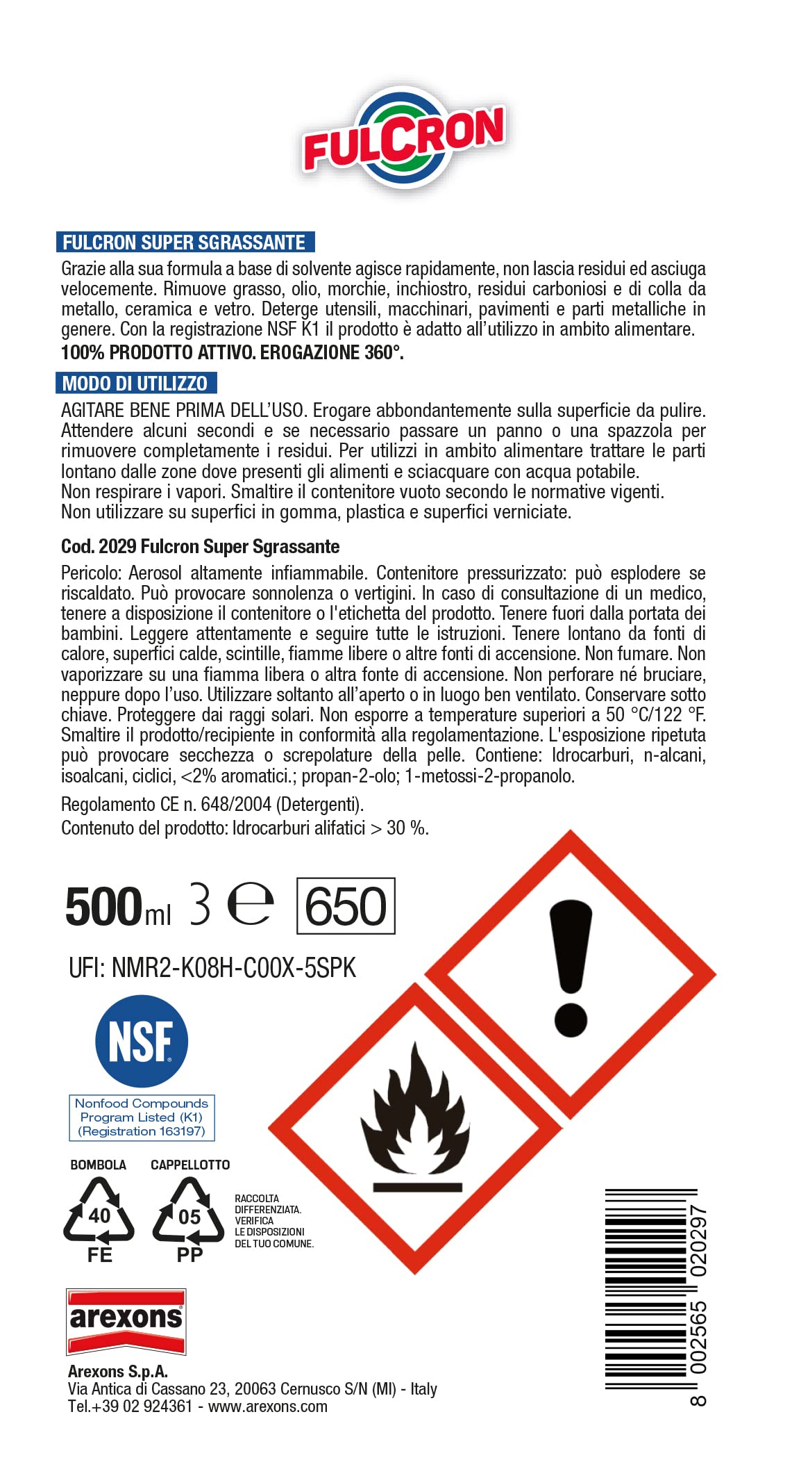 FULCRON 2029 Super Sgrassante Base Solvente 500 ml, Sgrassatore Pronto all'Uso, Detergente ad Alta Concentrazione, Prestazioni Professionali, Adatto ai piani di pulizia HACCP