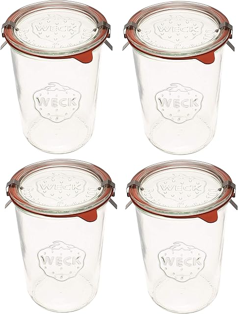 Weck Canning Jars 743 - Weck Mold Jars made of Transparent Glass - Eco-Friendly Canning Jar - Food Storage Containers with Lids Airtight - 3/4 Liter Tall Jars Set - Set of 4 Jars with Lids