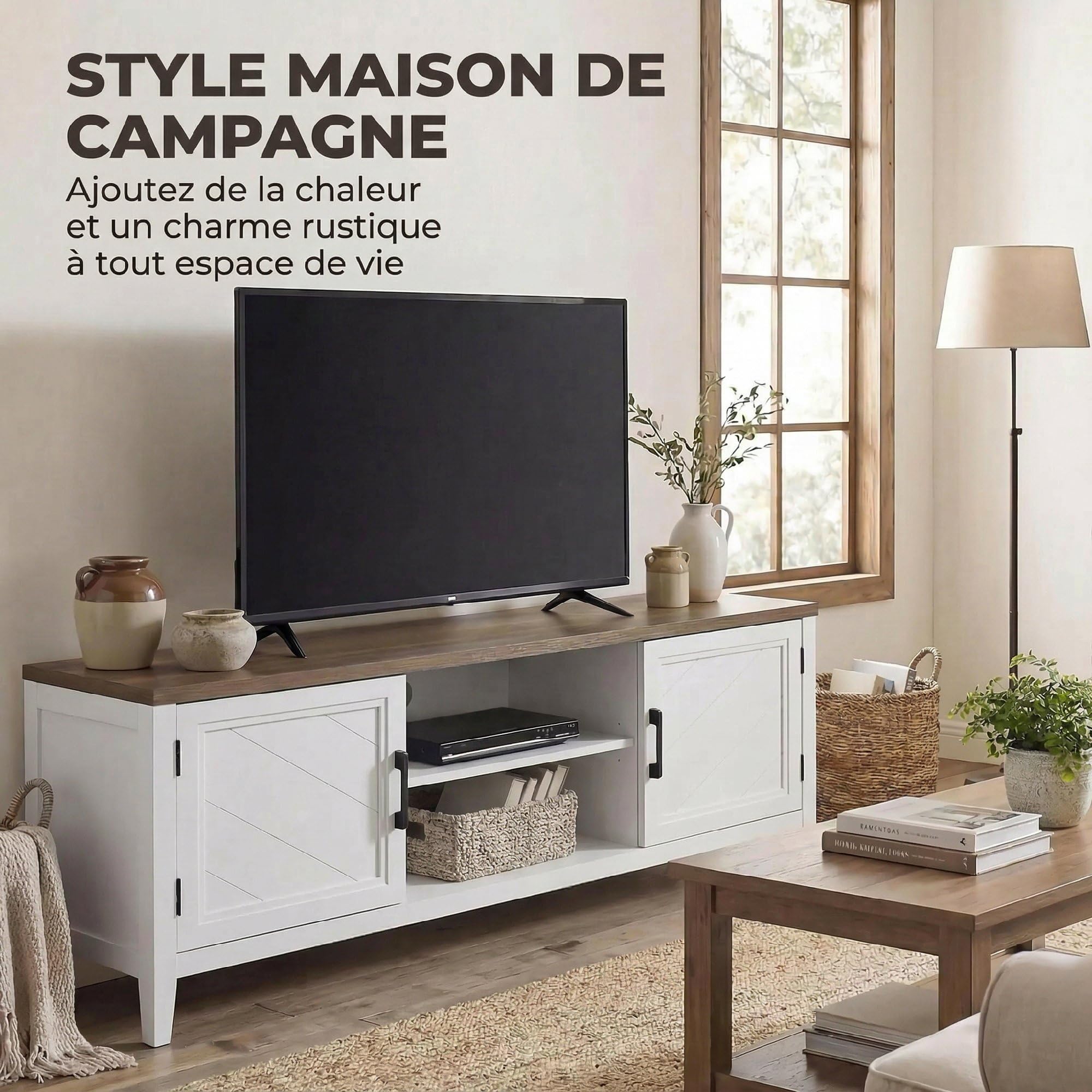 HOMCOM Mobile TV da 140 cm, Mobile TV per TV fino a 42 pollici con 2 ante 2 scomparti aperti, stile rustico, Panca TV per soggiorno, camera da letto, bianco e marrone