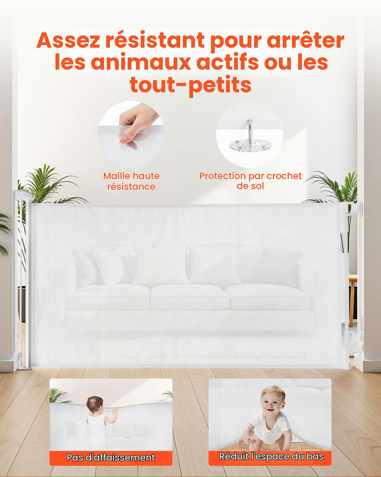 VEVOR Barrière de Sécurité Extensible, Clôture en Maille 143 cm de Large et 79,5 cm de Haut, Barrière Rétractable pour Animaux de Compagnie, avec Verrou de Sécurité, pour Couloir Escalier, Blanc