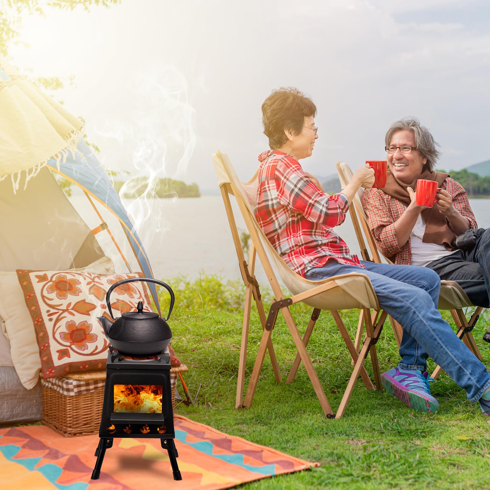 Estufa de leña portátil desmontable de hierro fundido para picnic, caza, pesca, barbacoa, mochilero, senderismo, supervivencia, calefacción, emergencia, cocina al aire libre, con bolsa de transporte