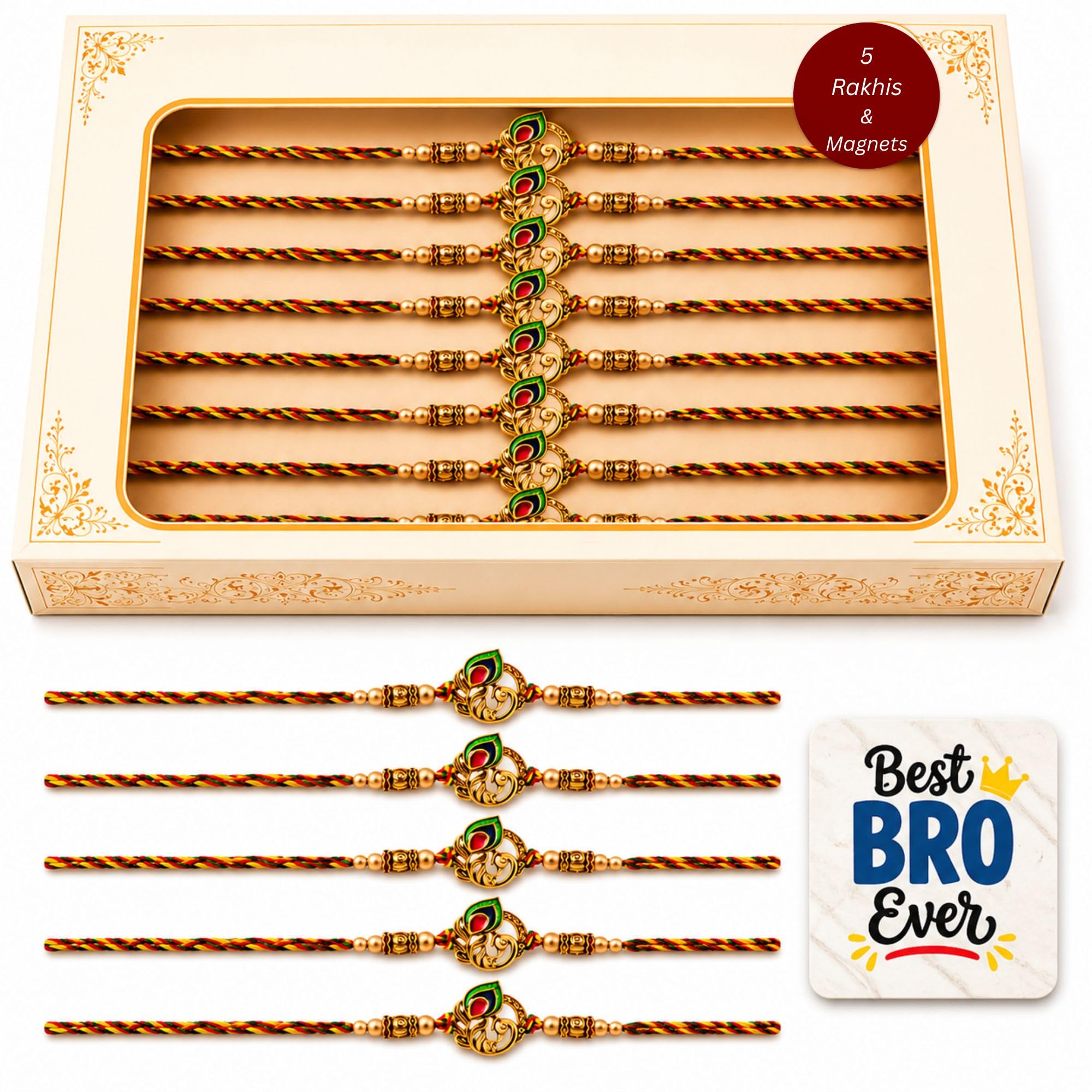 eCraftIndia Pack of 5 Golden Peacock Colorful Feathers Designer Rakhi for Brother Bhaiya Bhai | 5 Best Bro Ever Fridge Magnets | Roli Chawal Pack | Raksha Bandhan Gift Set