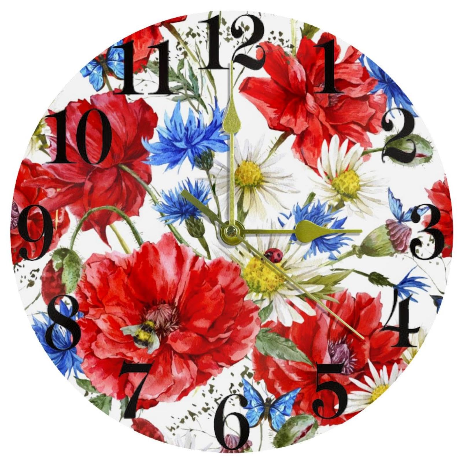 Horloge murale ronde coquelicot rouge papillon bleu silencieuse pour bureau et maison