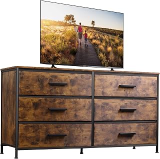 WLIVE Wide Dresser with 6 Drawers, TV Stand for 60" TV, Fabric Double Dresser, Large Storage Tower Unit, Chest of Drawers for Bedroom, Closet, Living Room, Hallway, Nursery, Rustic Brown