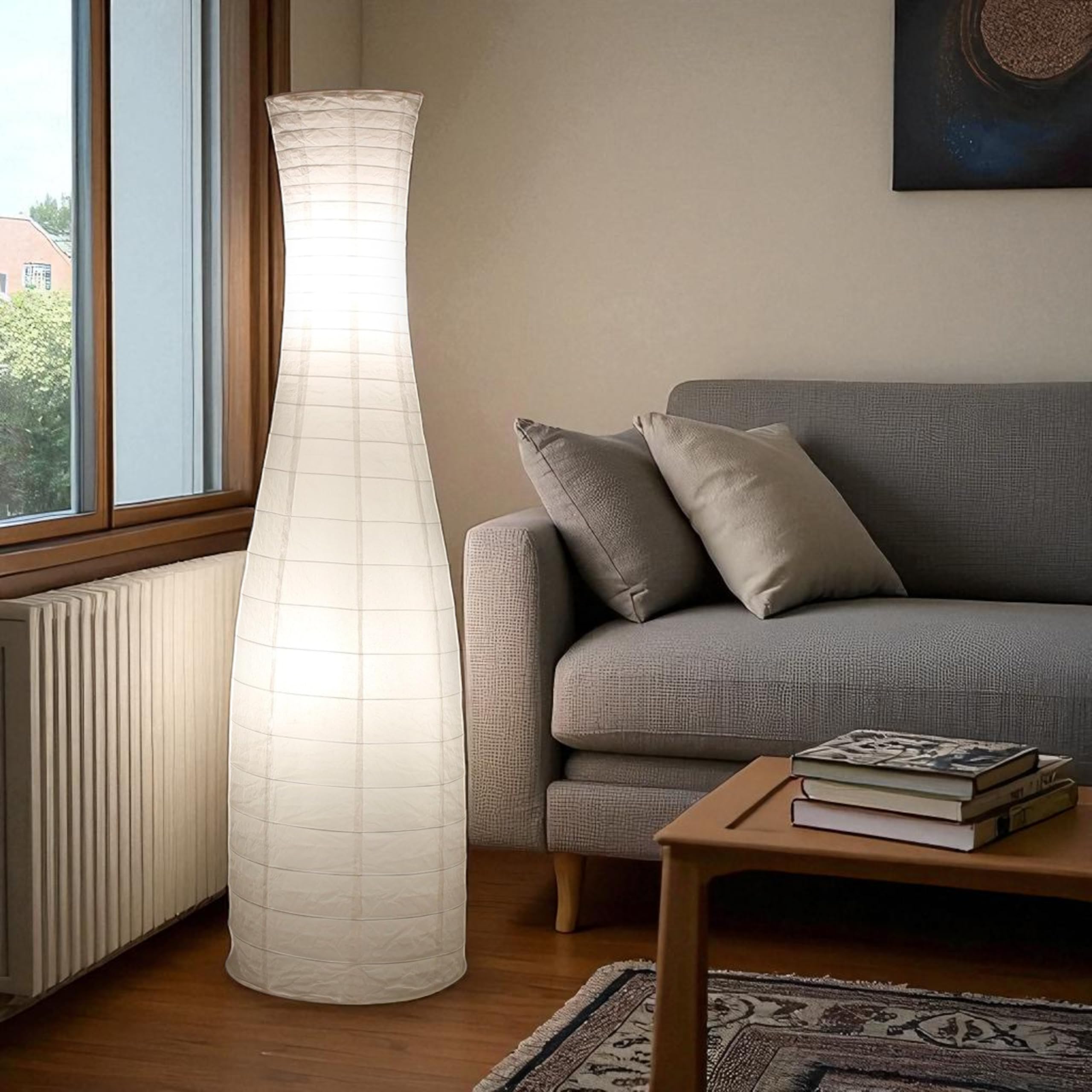 Trango 1231 Design Reispapier Stehlampe *SWEDEN* Papierlampe in Flaschenform Weiß, 125cm Hoch mit 2x E14 Lampenfassung und Trittschalter als Wohnzimmer Deco Lampe, Standleuchte ohne Leuchtmittel