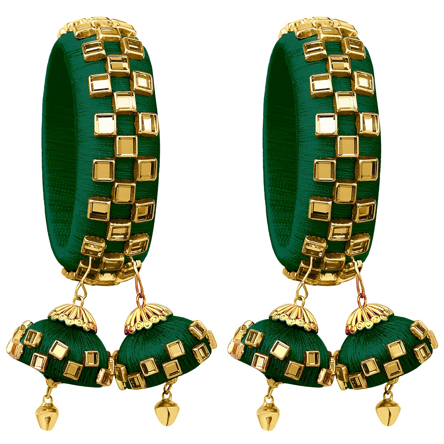 Peora Handcrafted Silk Thread Hanging Jhumka Kundan Studded Bangle Set (Size 2.6 Inch)