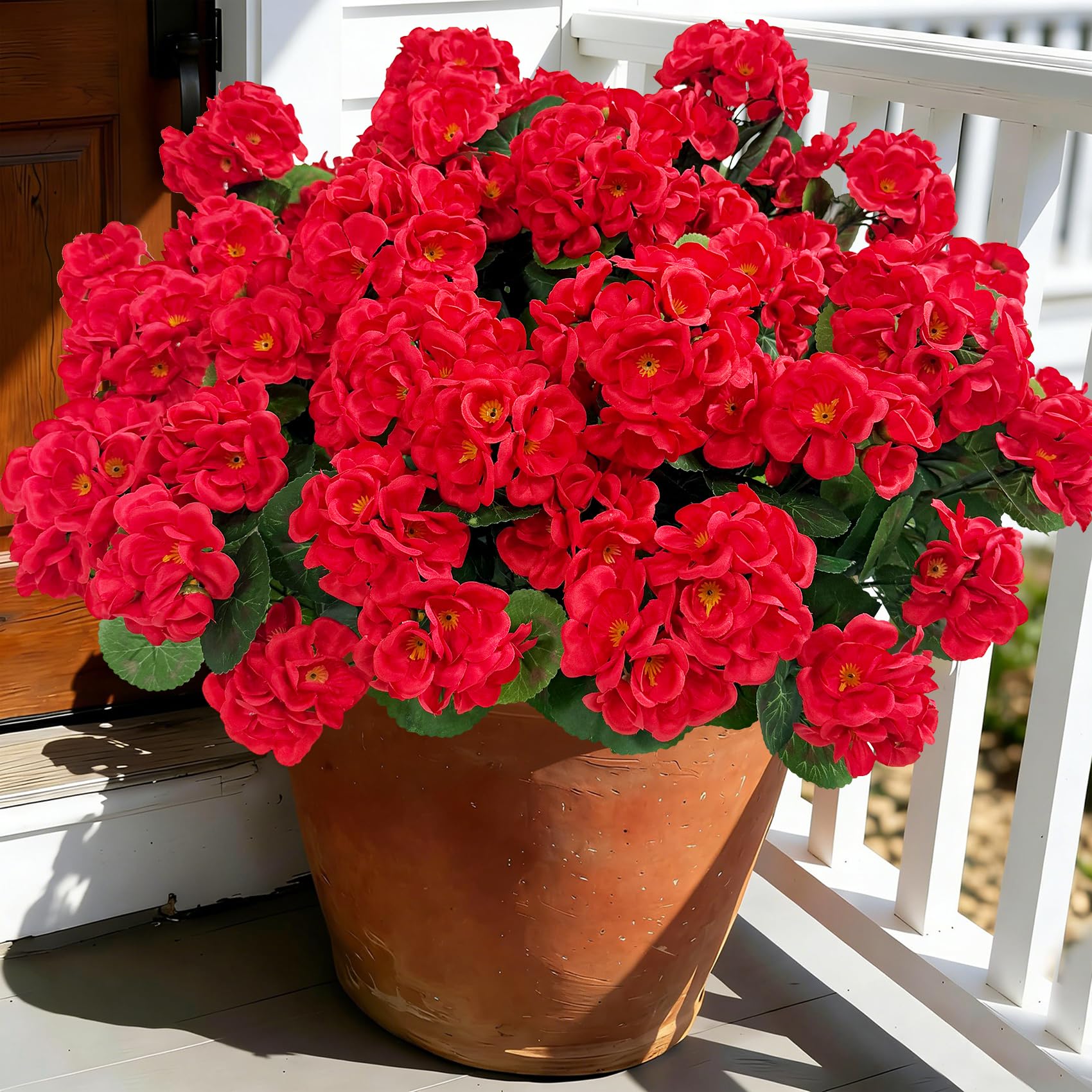 Bassion Artificial Flowers for Outdoors, 6 Pcs Red Fake Geraniums