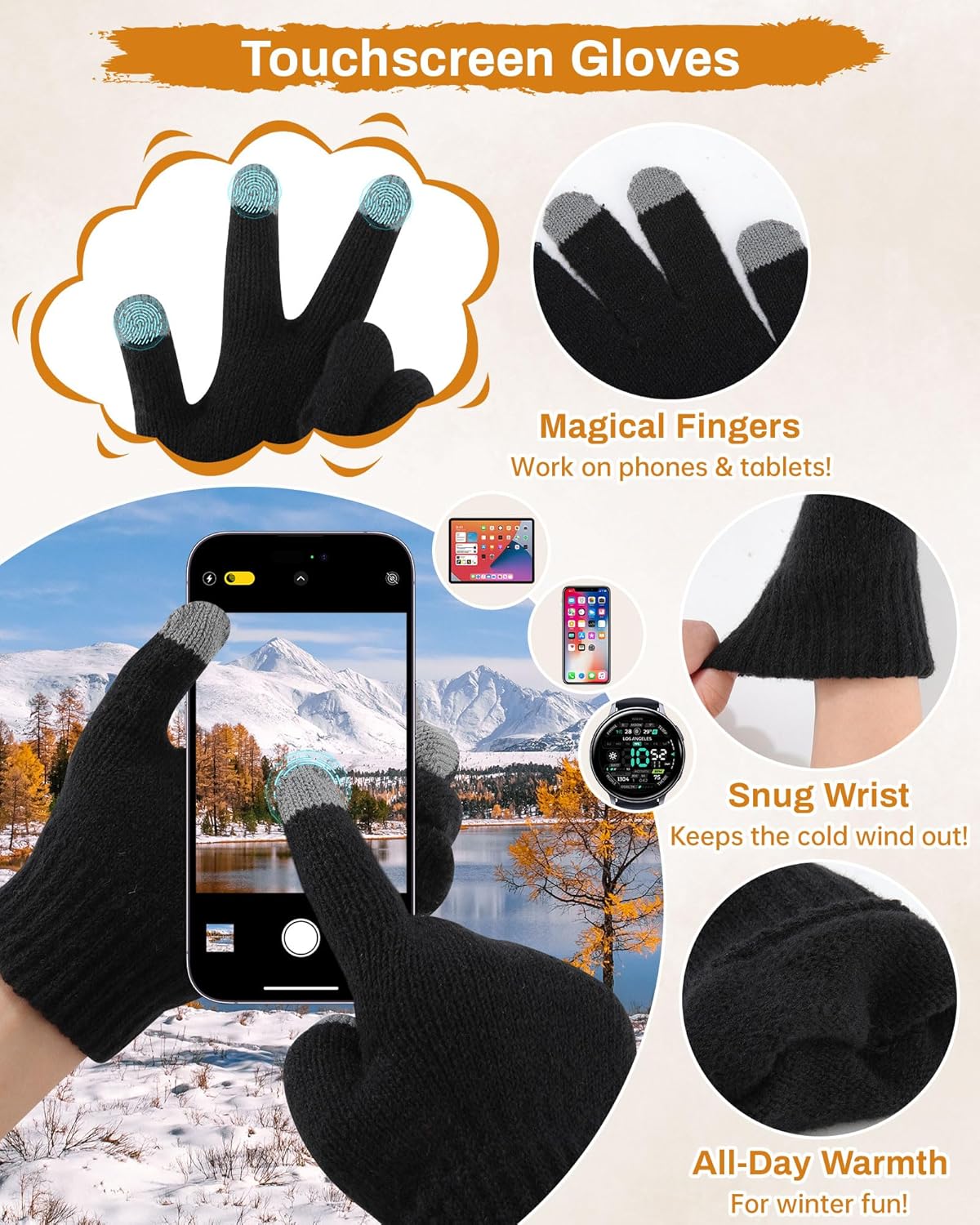 AWAYTR Winter Beanie Hat Gloves Scarf Set for Women - 3 Piece Knit Gift Set with Pom Pom Hat Touch Screen Gloves and Scarf - Image 3