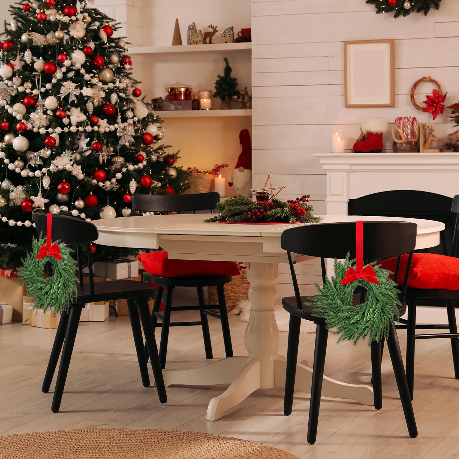 Paquete de 8 coronas pequeñas de Navidad Norfolk de 7.8 pulgadas para armarios de cocina con cinta de lazo de pino de Norfolk de tacto real, decoración colgante para ventana de Navidad, puerta