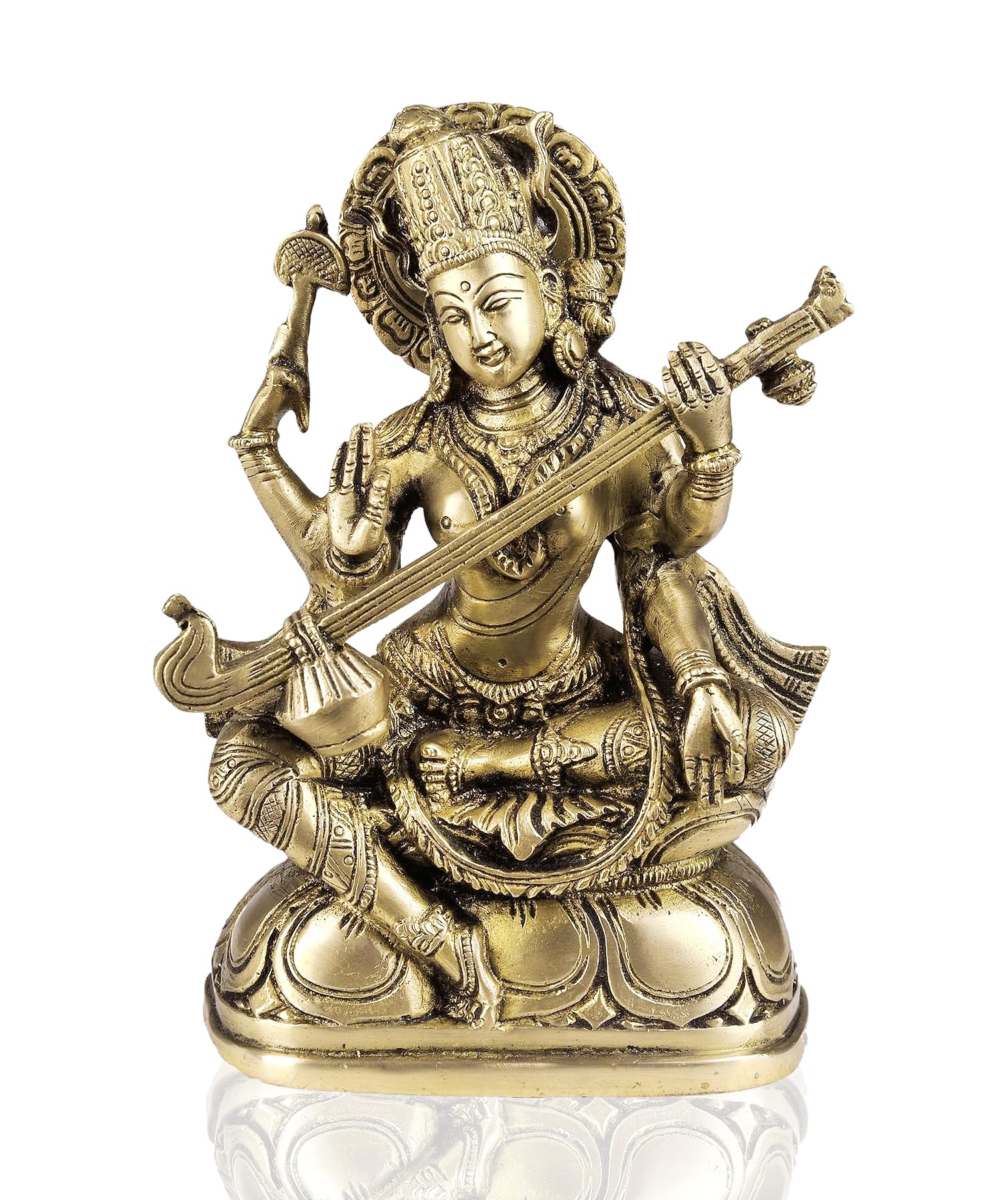 Gangesindia Goddess Saraswati with Veena Brass Statue (8.25" H x 5" W x 2" D) Gold