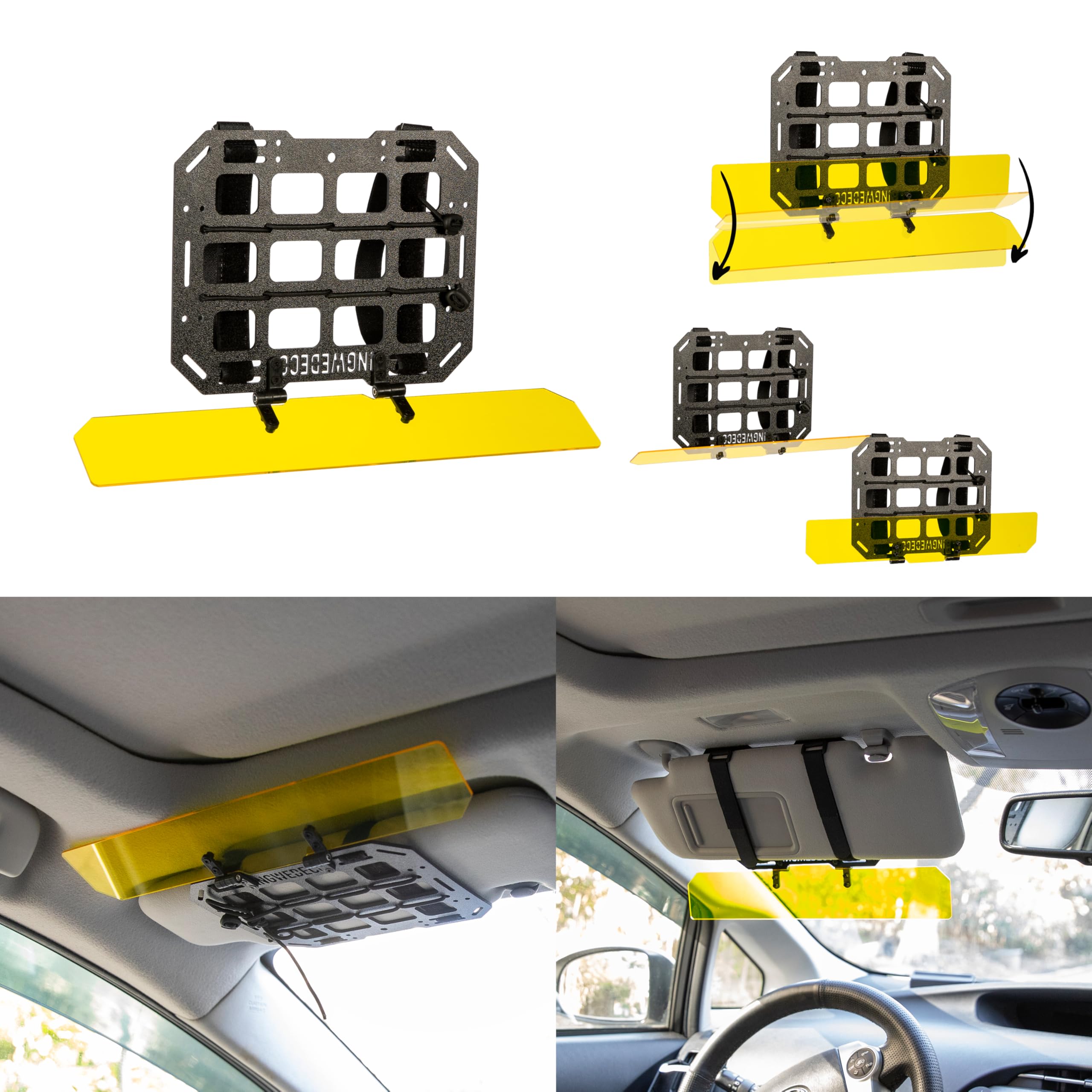 ABS Rigid Molle Panel Organizer with Adjustable Night Driving Glasses Anti-Glare for Vehicle Seat Headrest OR Visor EDC Holster Tool Tactical Gadget Pouch Holder Safe Driving Universal Car SUV Truck