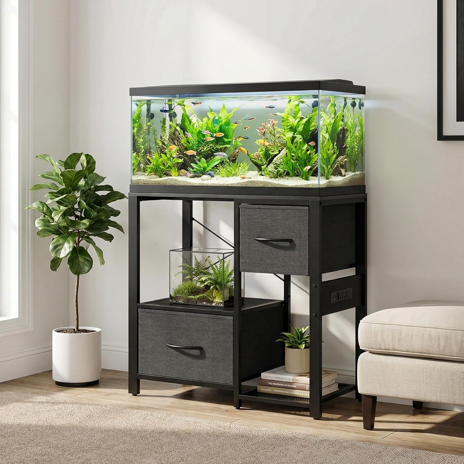 Sturdy Power Outlets Aquarium Stand – 4-Tier Heavy Duty Metal & Wood Shelving with Drawers, Ideal for 20-37 Gallon Fish Tanks, Reptile or Turtle Terrariums – Black