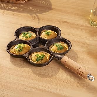 HomeEssentials Cast Iron Egg Pan - 6 Hole Nonstick Skillet with Wood Handle | Omelette, Mini Uttapam, Appam Patra, Litti Maker | Nonstick Pan for Eggs, Dumplings | Egg Frying | 42 cm