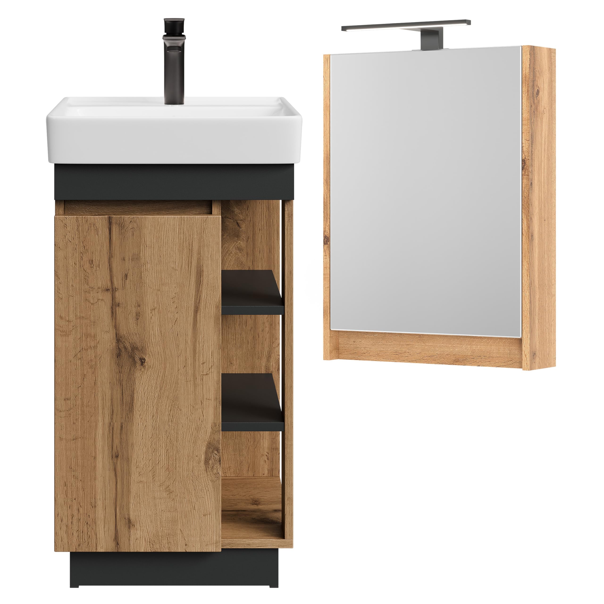 Planetmöbel Nyx Badmöbel Set 3-teilig Waschtisch mit Unterschrank 50 x 85,9 x 42 cm Wotan Eiche/Anthrazit inkl. Spiegelschrank 50 x 65 x 11,4 cm mit LED Aufbauleuchte & Bad-Armatur in schwarz