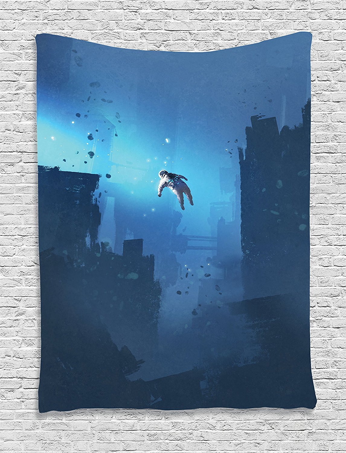 Fantasy Art House Decor Tapestry, Astronaut Hovering in the Abandoned City Mysterious Space Lost in Galaxy, Wall Hanging for Bedroom Living Room Dorm, 60WX80L Inches, Blue