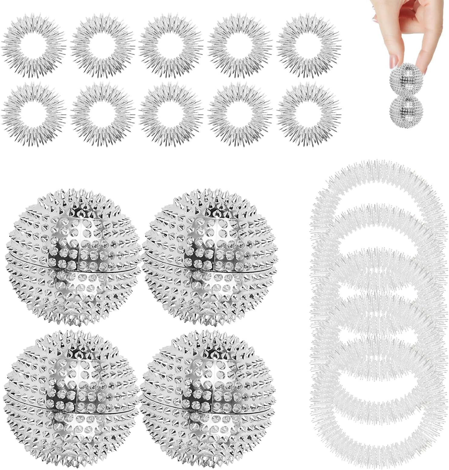 DALAETUS 4 Pcs Massage Ball Set with 10 Massage Ring & 5 Massage Bracelet, Spiky Massage Ball, Acupressure Ball for Stress Relief Tight Muscles (Silver)