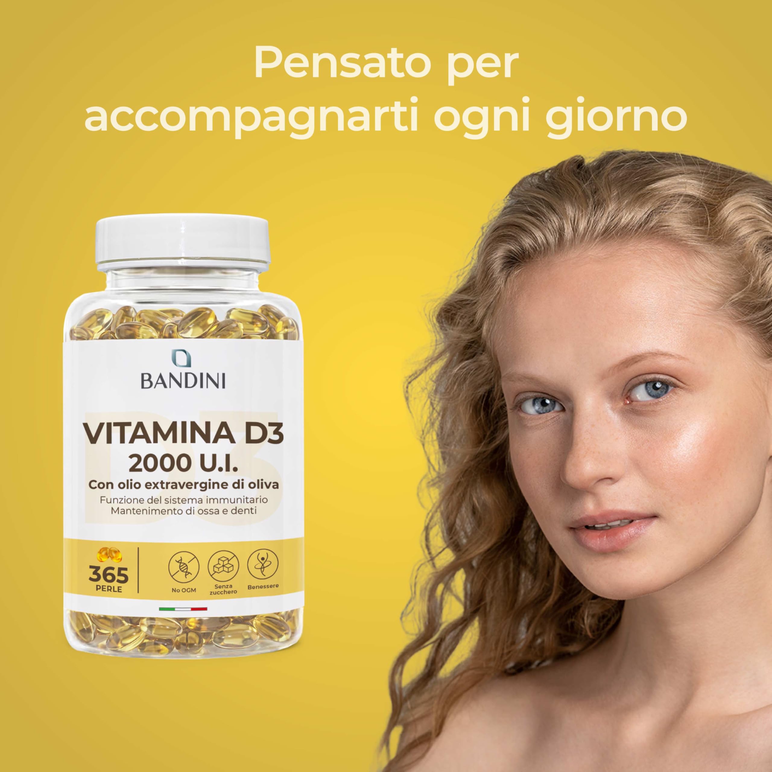 Bandini® Vitamina D3 2000 UI 365 Softgels, Alto Dosaggio 50μg, Vitamine D Colecalciferolo in perle, In Olio Extravergine di Oliva per Assorbimento Ottimale, Ossa, Denti, Muscoli, Sistema immunitario