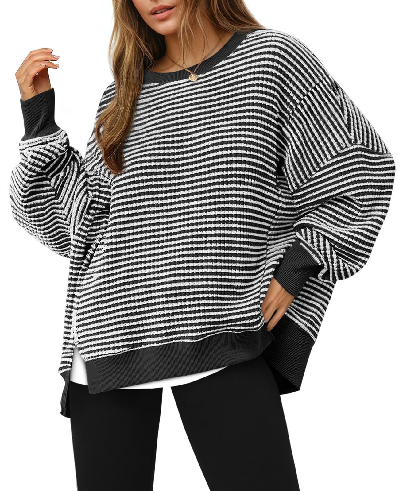Sudadera de otoño de gran tamaño para mujer, informal, de punto gofre, manga larga, cuello redondo, dividida, túnica — view 8