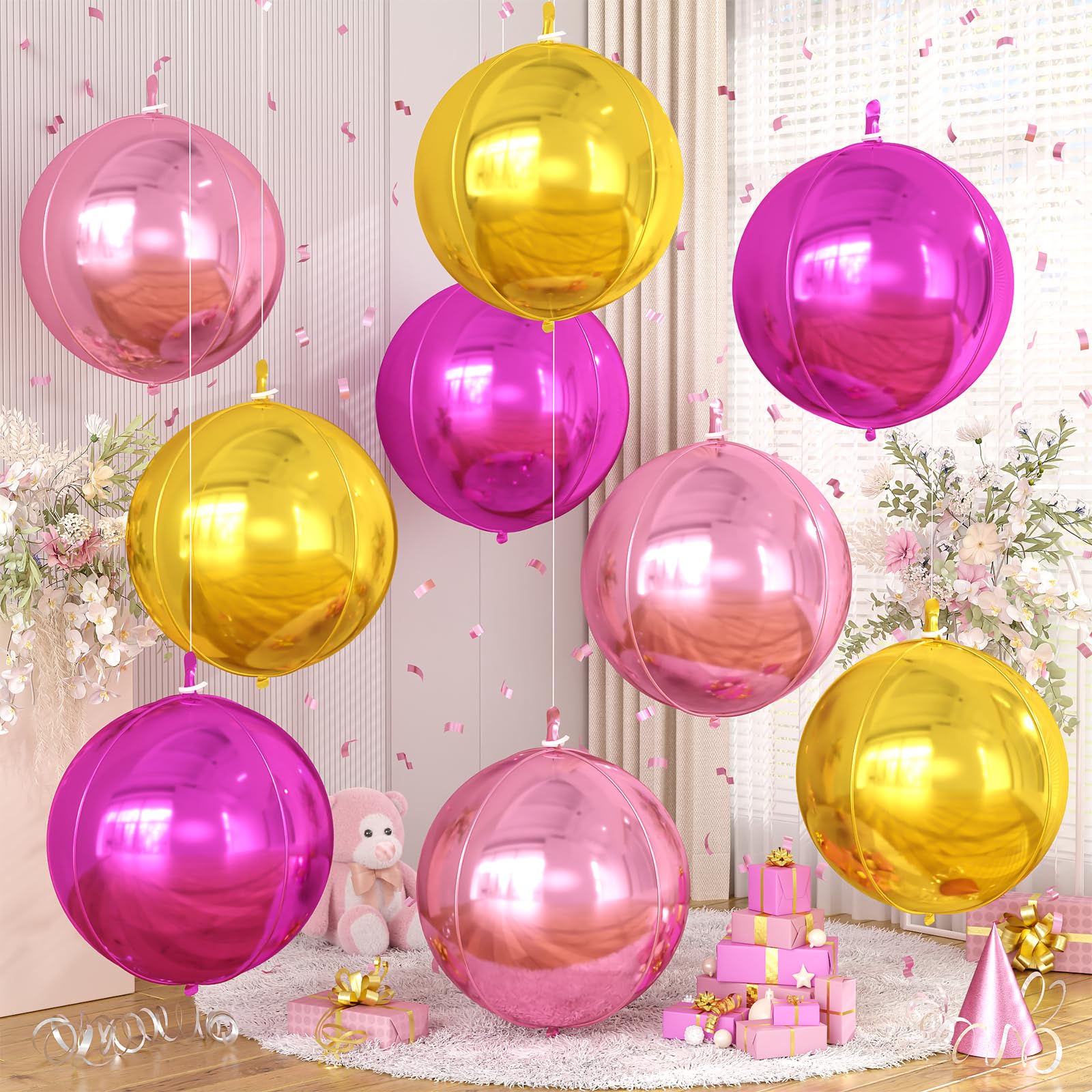 9 Pcs Pink Gold Round Foil Balloons,22 Inch Round Balloons