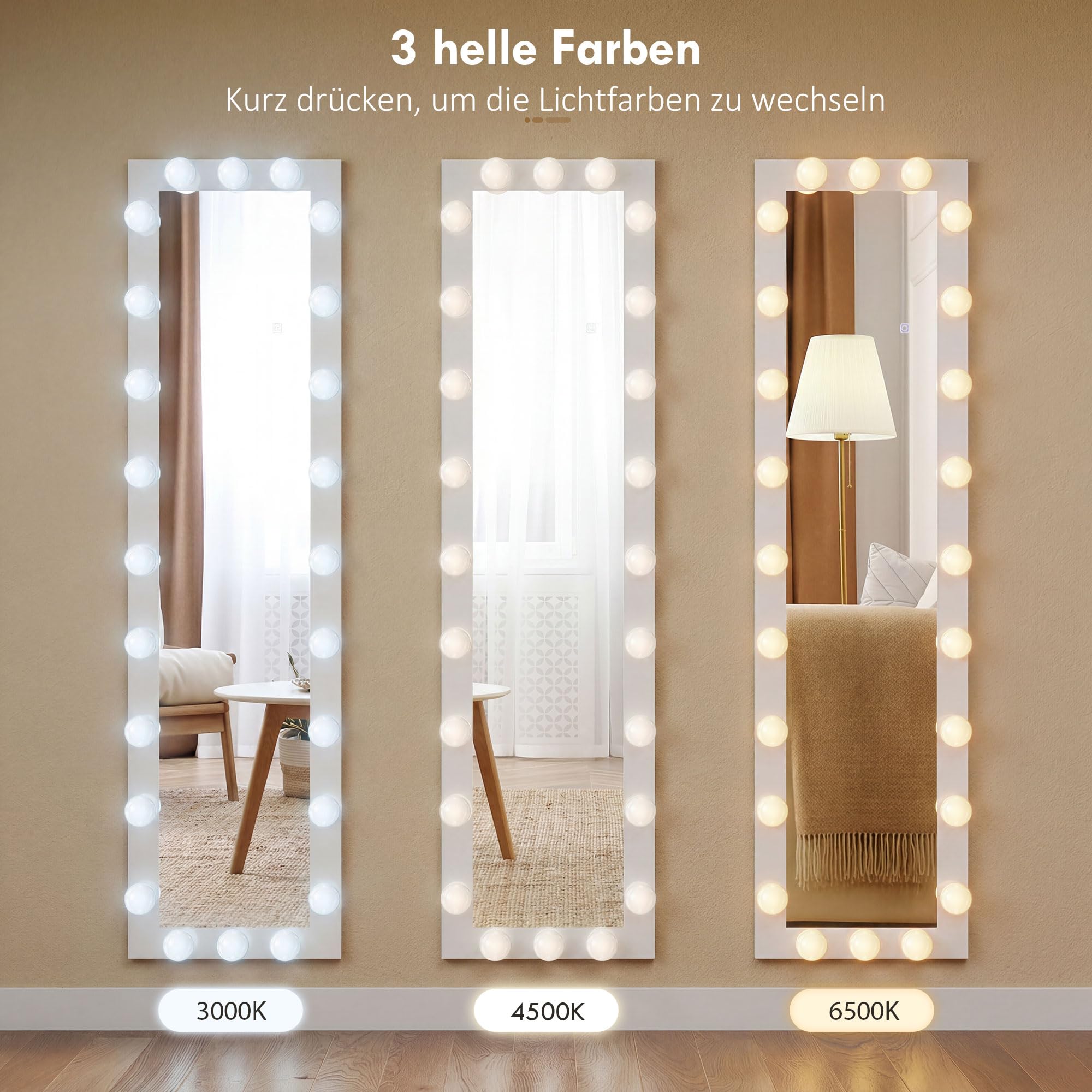 HOMCOM Specchio a figura intera 150 x 40 cm Specchio a LED con 24 lampadine 3 colori di luce dimmerabili Specchio da parete con interruttore a sfioramento, funzione memoria specchio reclinabile per