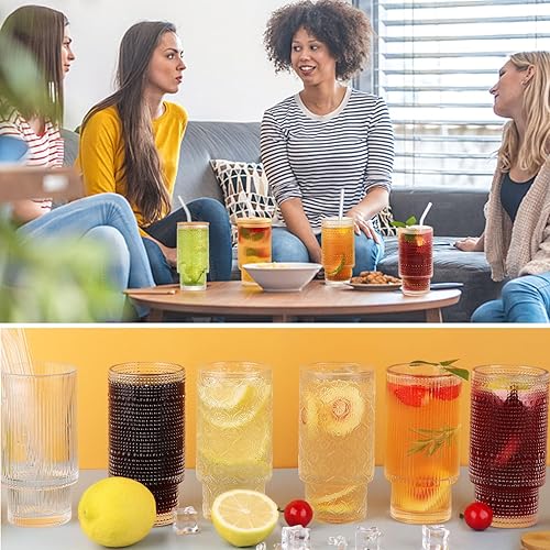 Miniatura 6 de SogYupk Juego de 6 vasos de vidrio con tapa de pajitabambú, vasos apilables de 12 onzas, ideal para whiskycócteles, jugocafécerveza, apto para