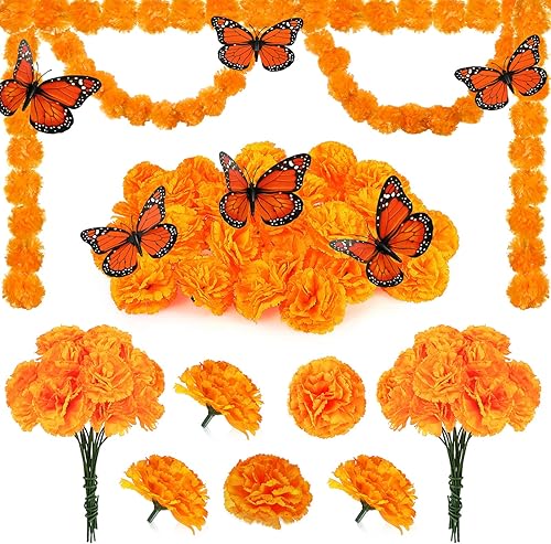 Juego de 38 decoraciones del Día de los Muertos, 2 guirnaldas artificiales de caléndula, 30 flores falsas de caléndula con tallos, 6 decoraciones de