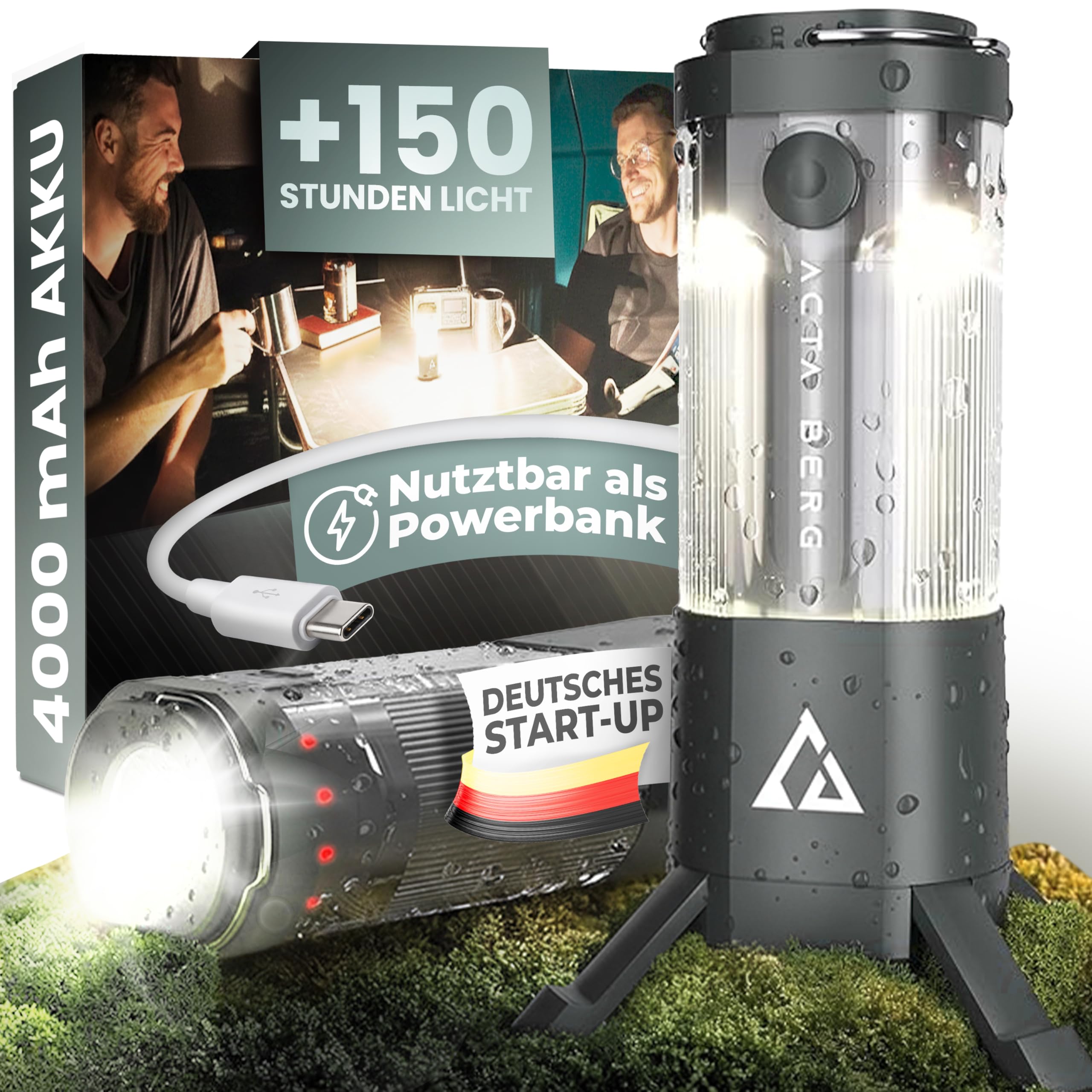 Acta Berg Campinglampe LED 450 Lumen, mit 4000 mAh Akku (Olivegrau) | Bis 150h Laufzeit, IP44 wasserfest, Zeltlampe, Laterne & Taschenlampe, USB-C, als Powerbank nutzbar