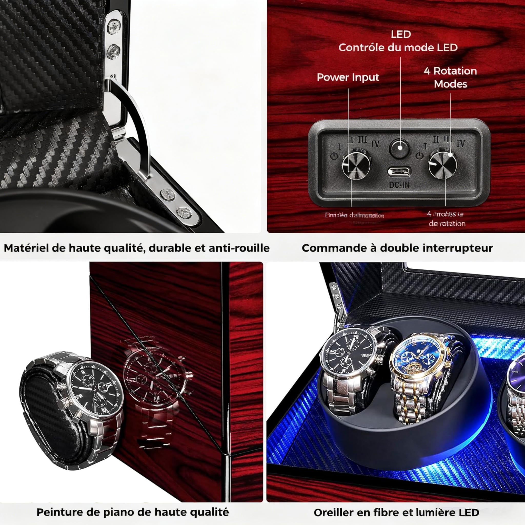 ANWBROAD Remontoir Montre Automatique, Boîte Remontoir pour Montres Automatiques avec éclairage LED,Boite Montre Automatique,Supersilencieux Luxueux Watch Winder LED Légère,4 Modes de Rotation,JWW011Y