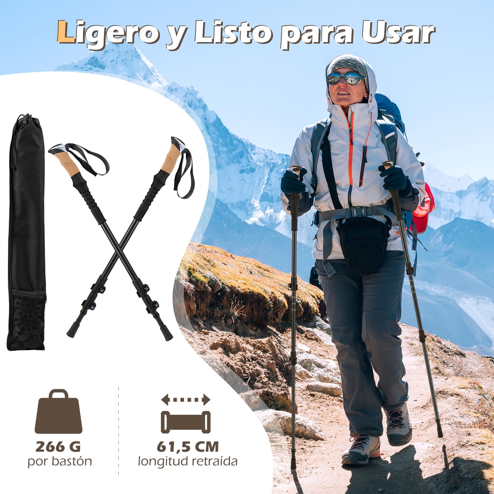 COSTWAY Bastones de Trekking de Aluminio, Bastones Marcha Nordica Plegables Ajustar la Longitud, Par de 2 con Empuñaduras de EVA y Corcho Natural, Bloqueo Rápido, Accesorios para Todo Terreno