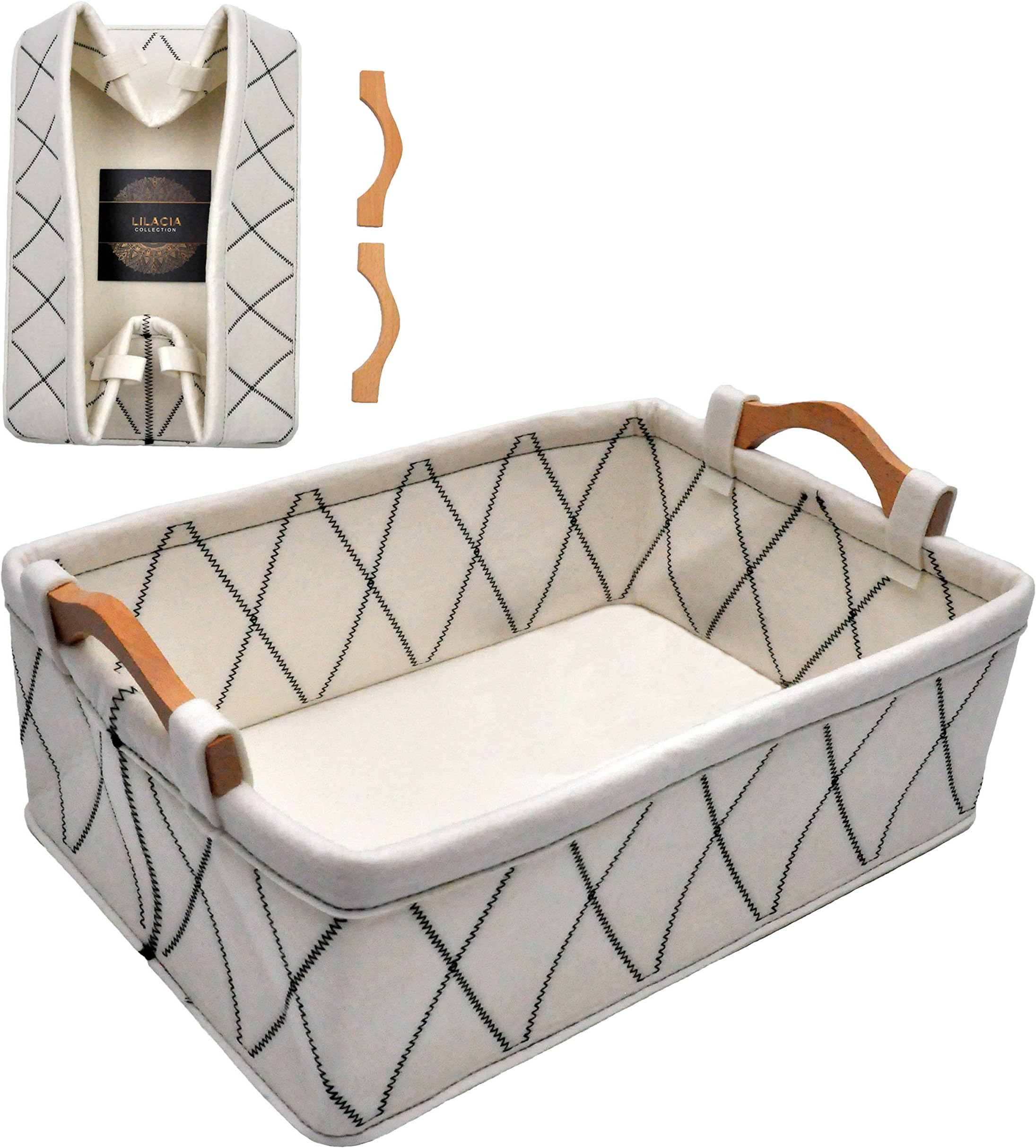 Lilacia Felt Storage Basket for Organizing Foldable Storage Box with Wooden Handles Home Storage Bins Container for Snacks, Toys, Books, Clothes, Cosmetic Makeup Organizer (Beige)