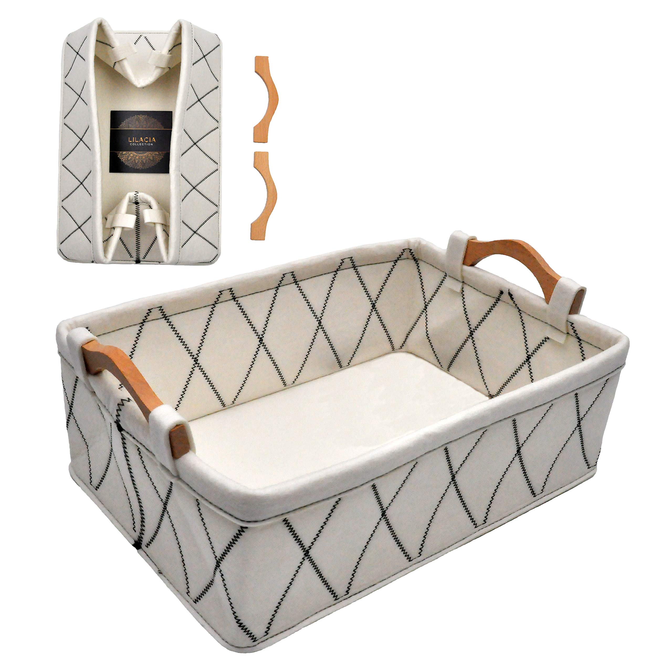 Lilacia Felt Storage Basket for Organizing Foldable Storage Box with Wooden Handles Home Storage Bins Container for Snacks, Toys, Books, Clothes, Cosmetic Makeup Organizer (Beige)