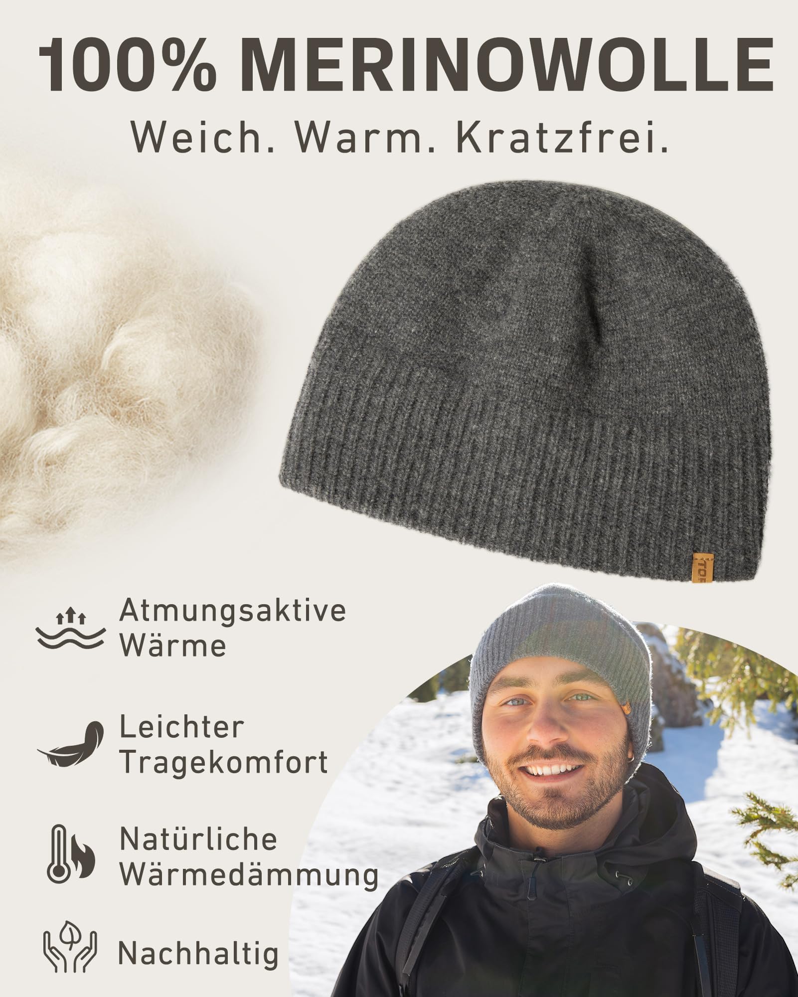 TOP-EX XL/XXL 100% wełna merynosów, czapka beanie, zimowa czapka wełniana, męska i damska, czapka z dzianiny, czapka rybaka beanie, czapka Trawler, ciepła polarowa podszewka