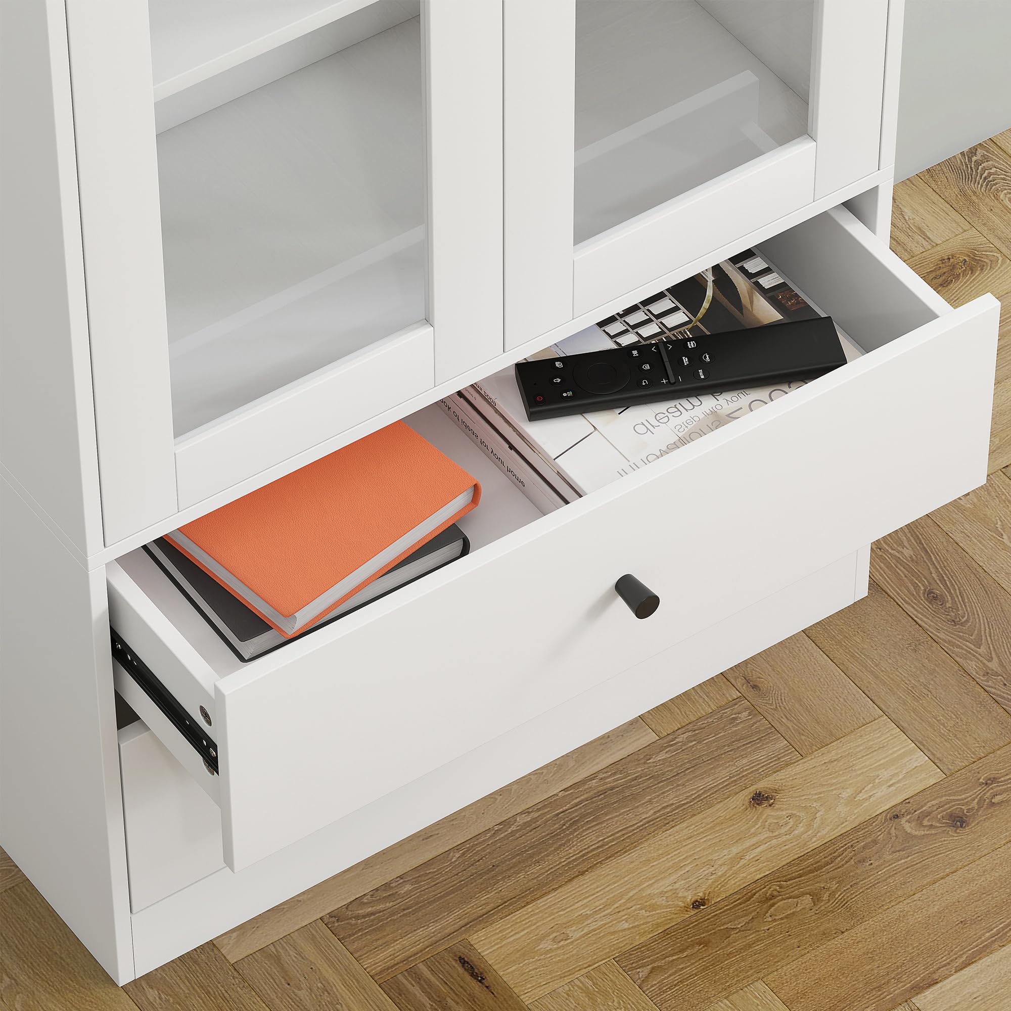 HOMCOM Credenza Cucina Multiuso Mobile con 2 Cassetti 59x30x164cm Bianco | Armadietto, per Soggiorno e Salotto, Ante in Vetro, Cerniere Ammortizzate, Ripiani Regolabili
