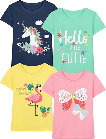 Poroka 4 Packs Toddler Girls Short Sleeve Graphic Tees Soft Cotton T-Shirts with Fun Prints Summer Tops Clothes 2T-5T