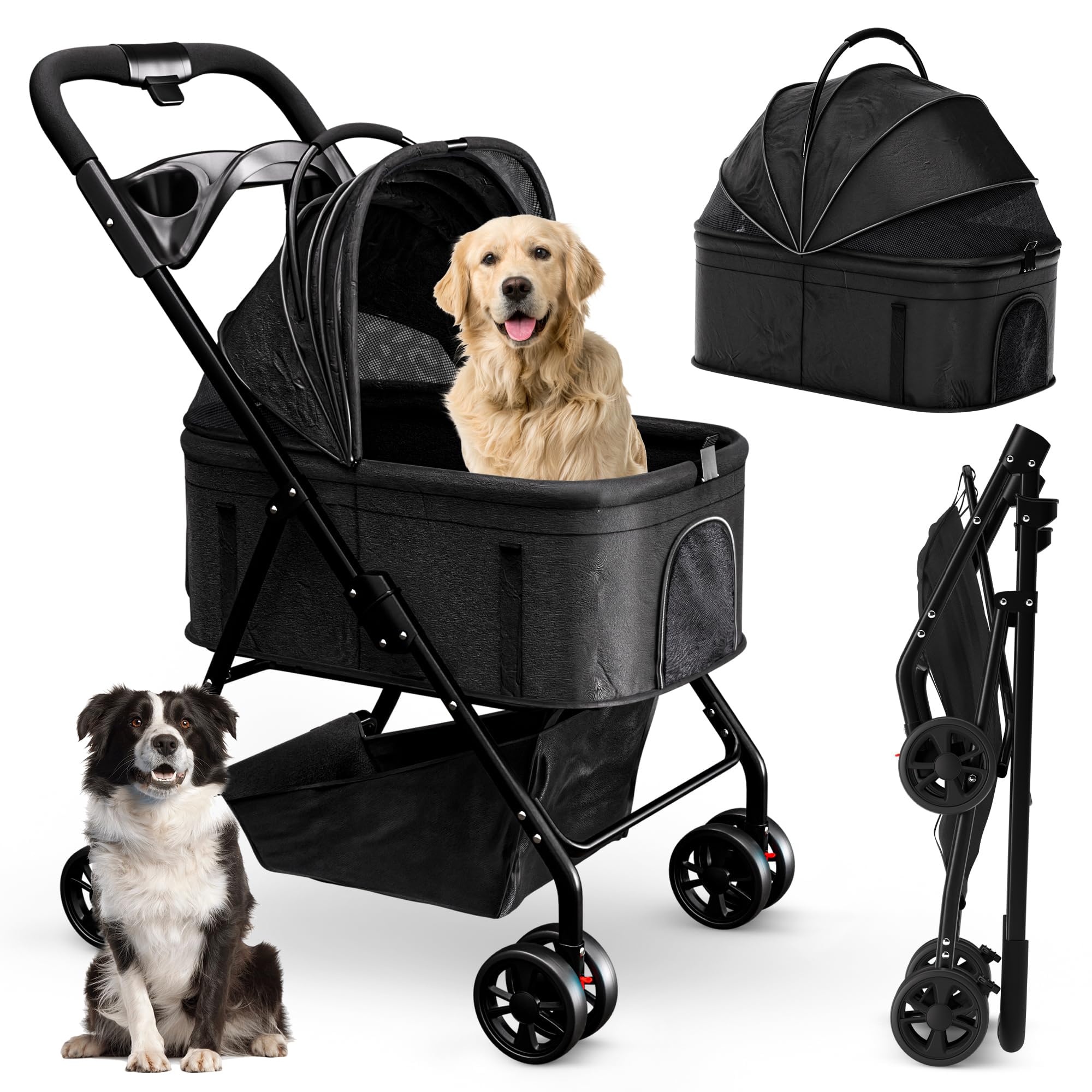 Pet Stroller 3 in 1 Foldable Dog Stroller, Cat Strollers, Foldable pet Strollers & Cat Carrier, Pet Carrier, Lightweight with Cup Holder, Waterproof Max Load 66 lbs, Breathable Mesh Canopy