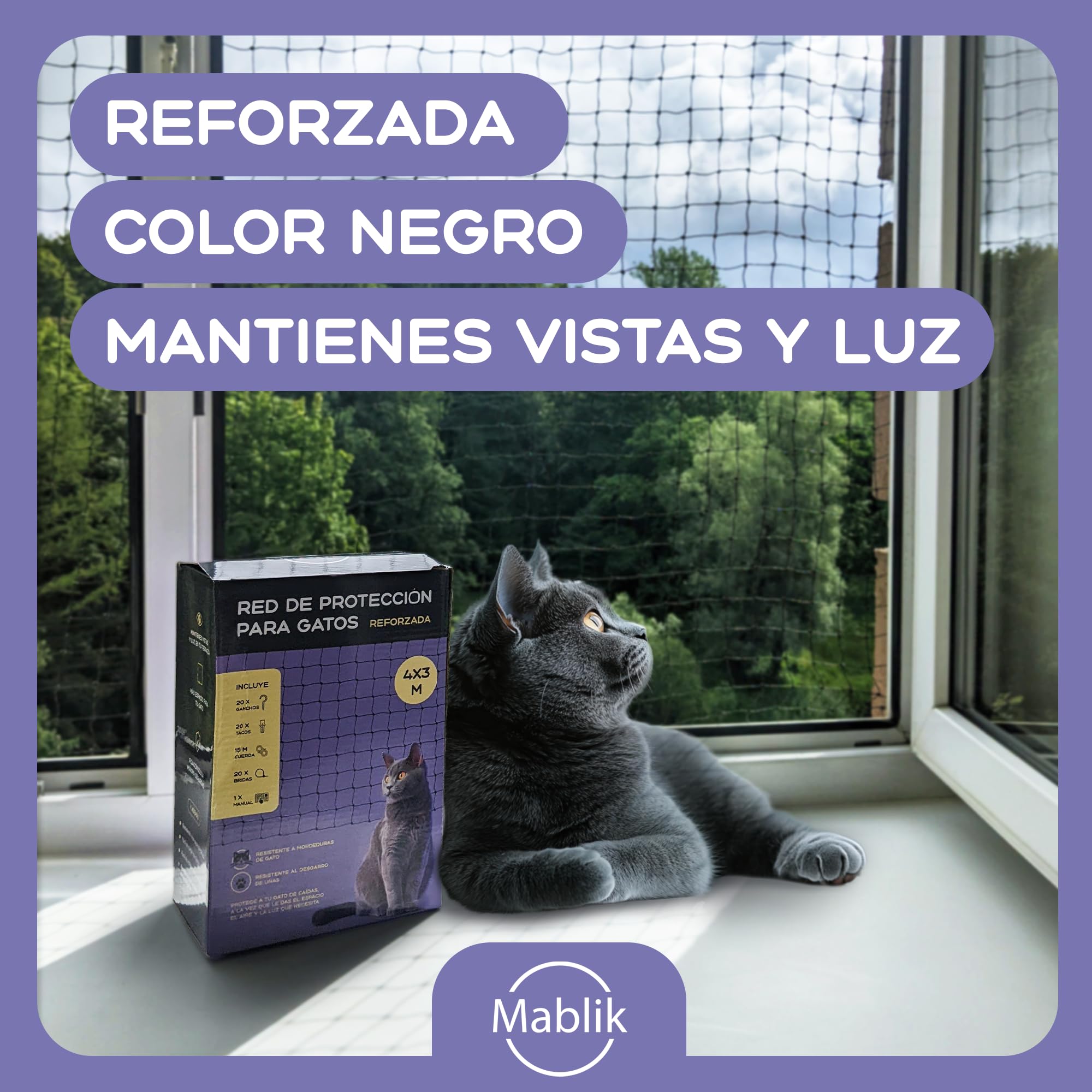 Red para Gatos Terraza Reforzada (8x3m) + Kit Instalación + Instrucciones. Red Gatos Ventanas y Terraza, de Color Negro, Refuerzo de Acero Inoxidable 12+1 (8x3m)