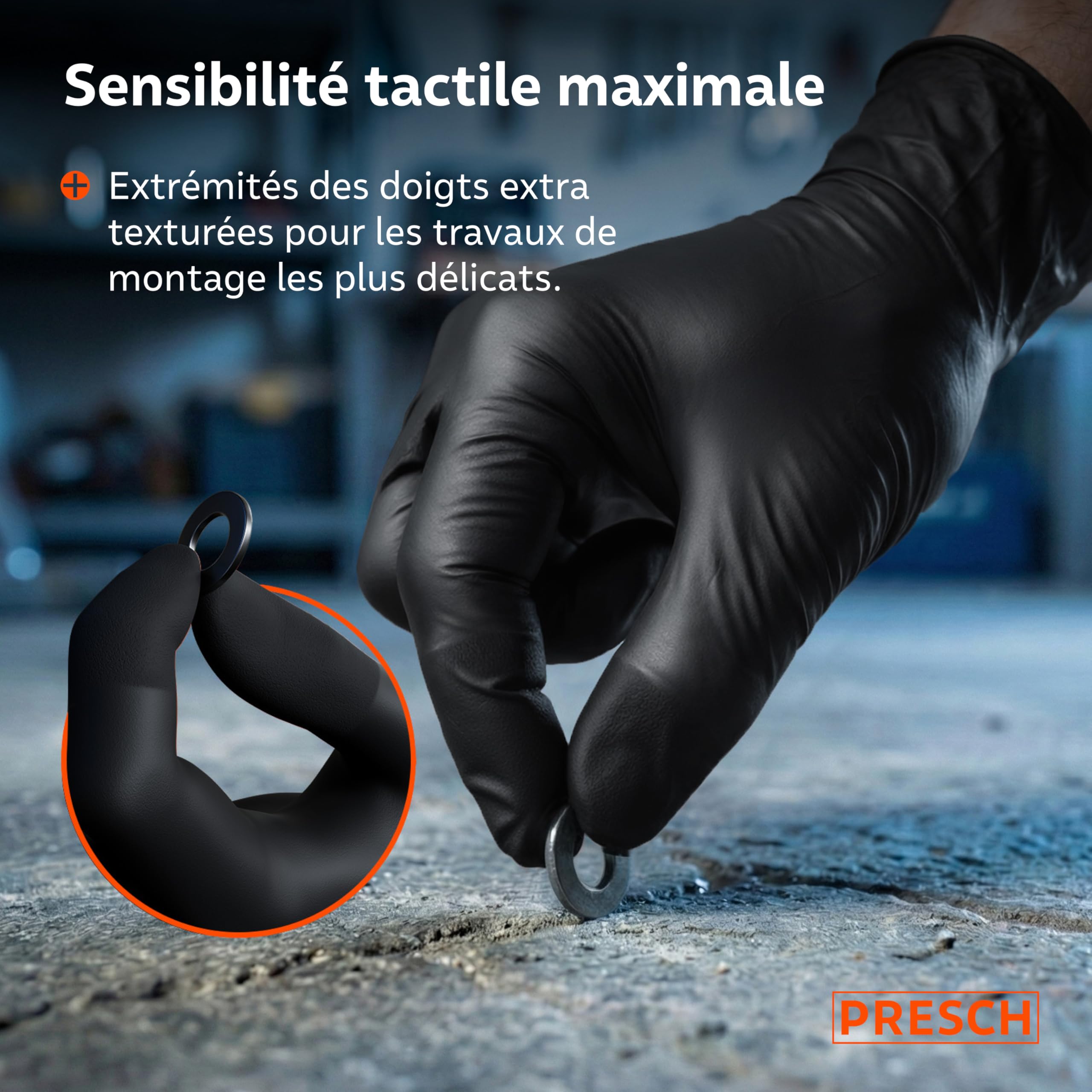 PRESCH Gants Jetables Noir 100 pc (L - 9) - Gants en nitrile avec bouts de doigts texturés - Sans latex et poudre - Résistant aux déchirures grâce à son bord roulé renforcé